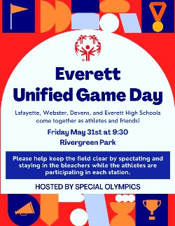 Flier with clip art of olympic medals, flags, a megaphone, and shapes